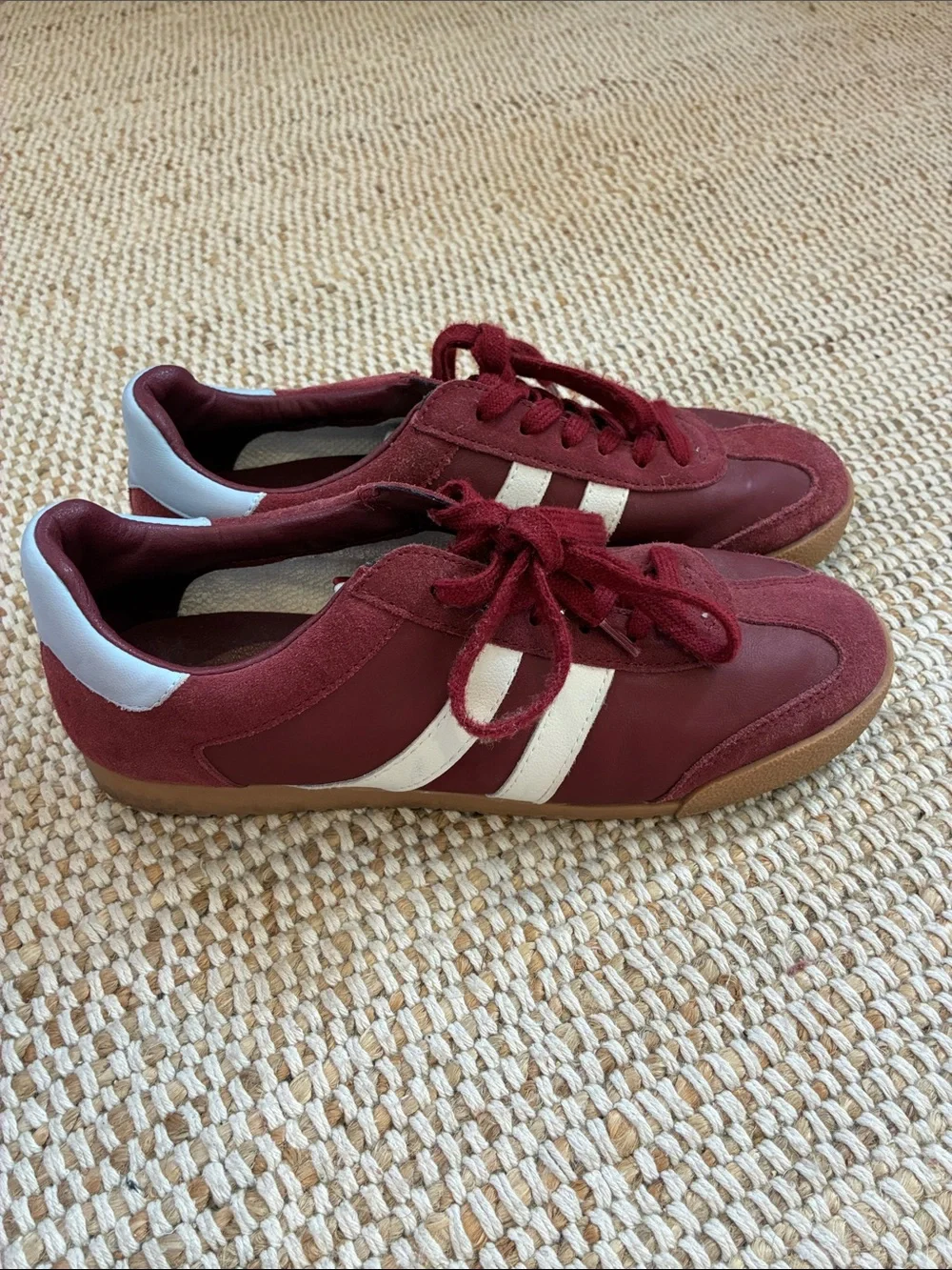 Size 10 Steve Madden Women's Burgundy Sneakers with White Stripes